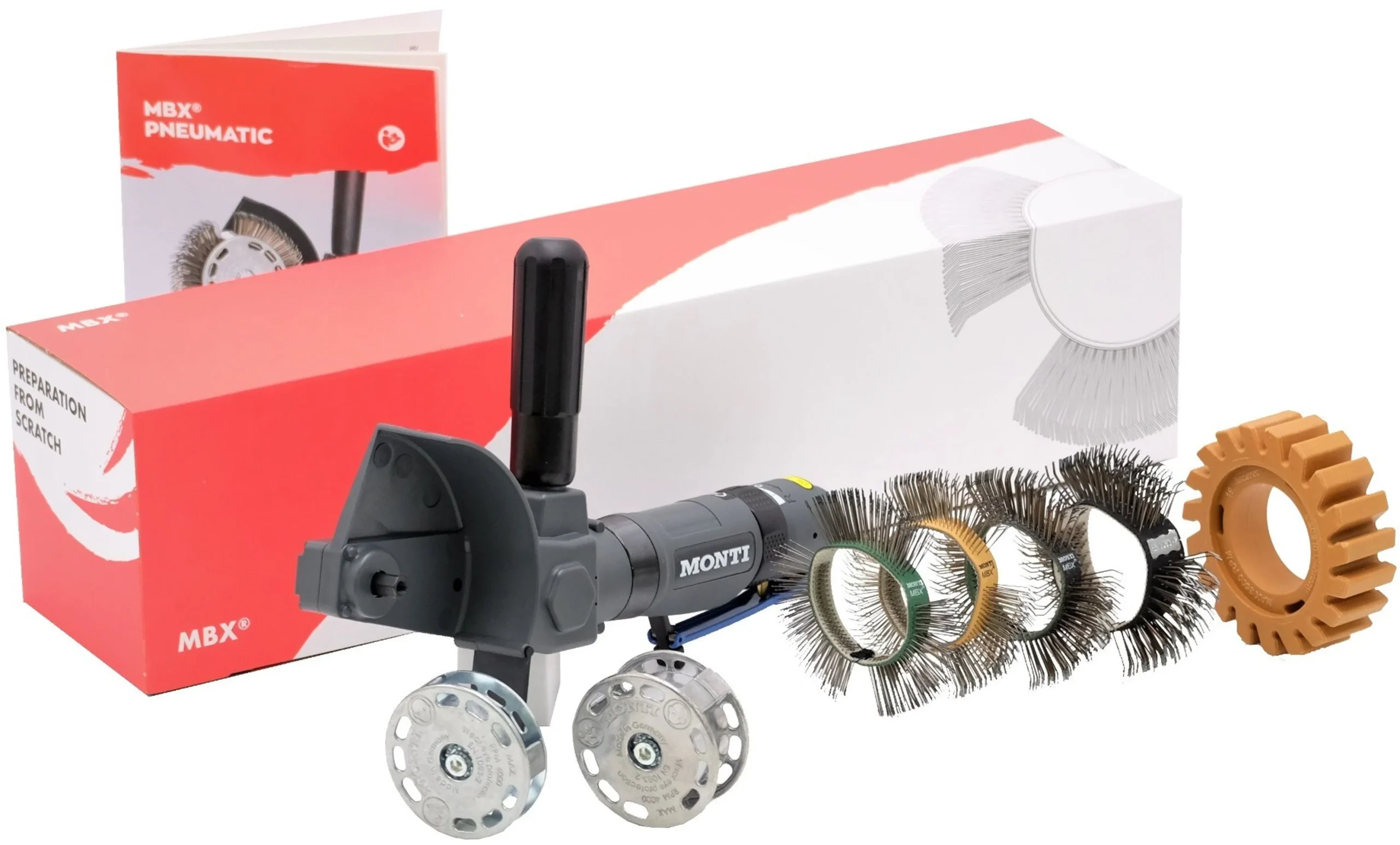 MONTI MBX Metal Blaster - Amoladora neumática para metales - SET incluye 4 bandas de cepillo y disco caramelo