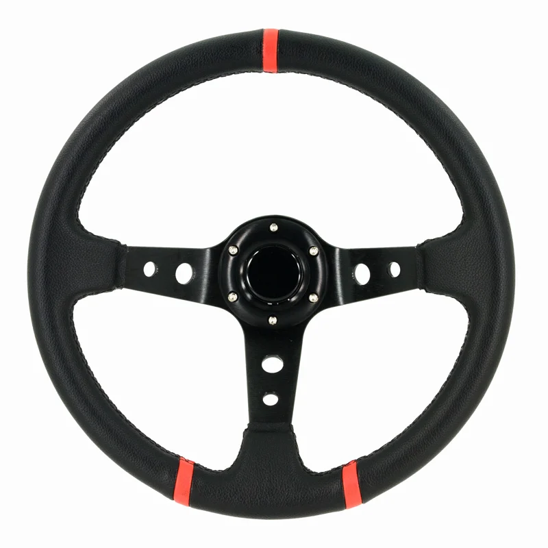 Volante Deportivo 'Deep-Dish' - ø350mm - Black Pu-Leather + Black Spokes + Red Stripes