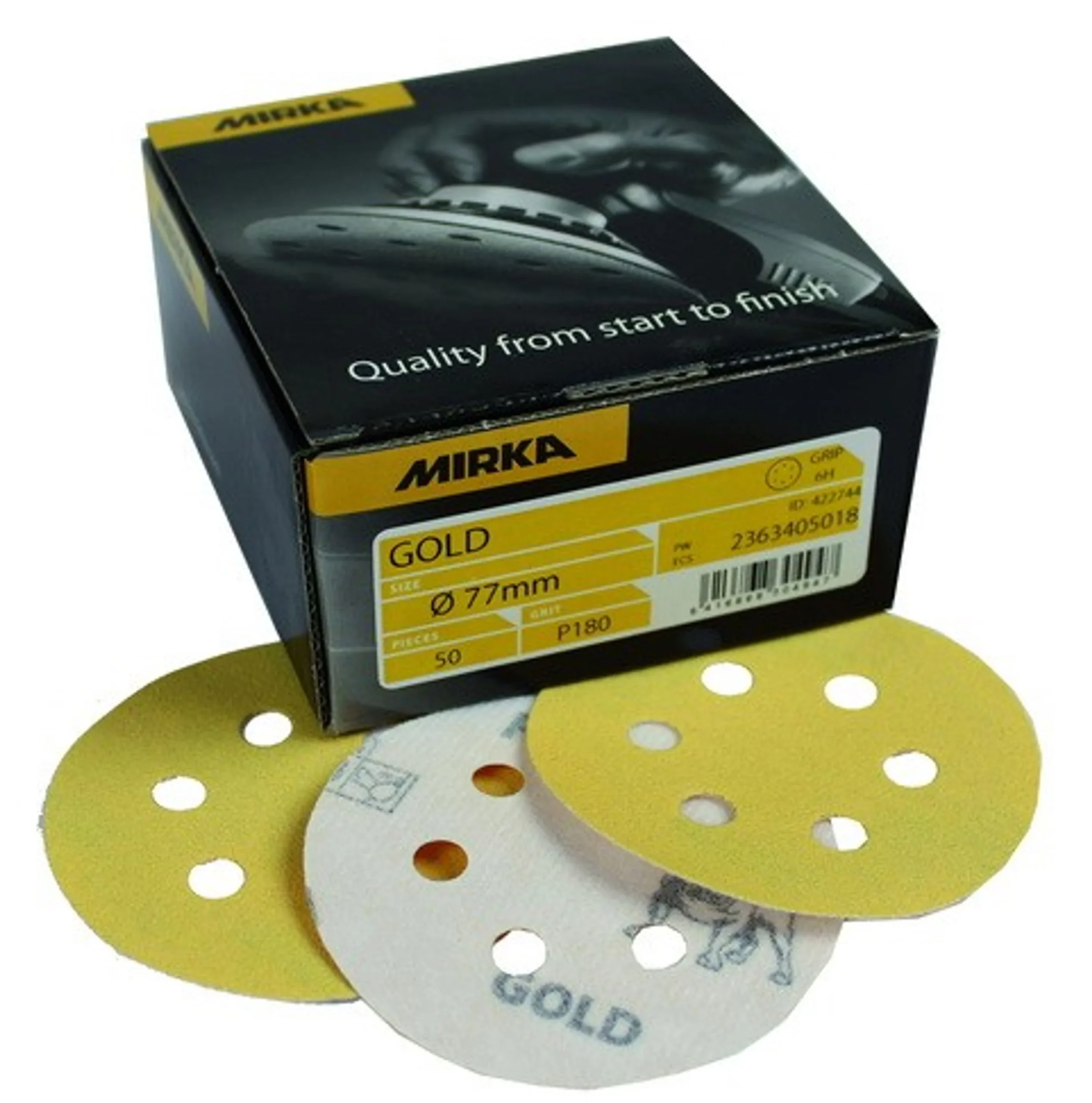 MIRKA Gold Discos de lijado 77 mm – 6 agujeros