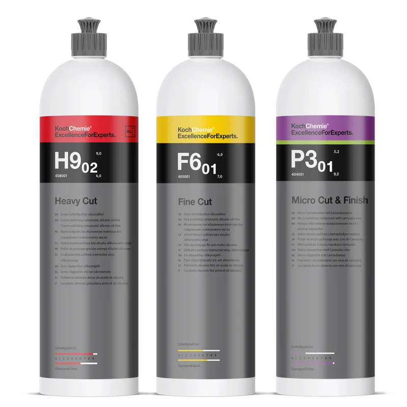Pack pulido profesional: Heavy Cut H9.02 + Micro Cut & Finish P3.01 + Fine Cut F6.01 (250 ml) - KochChemie