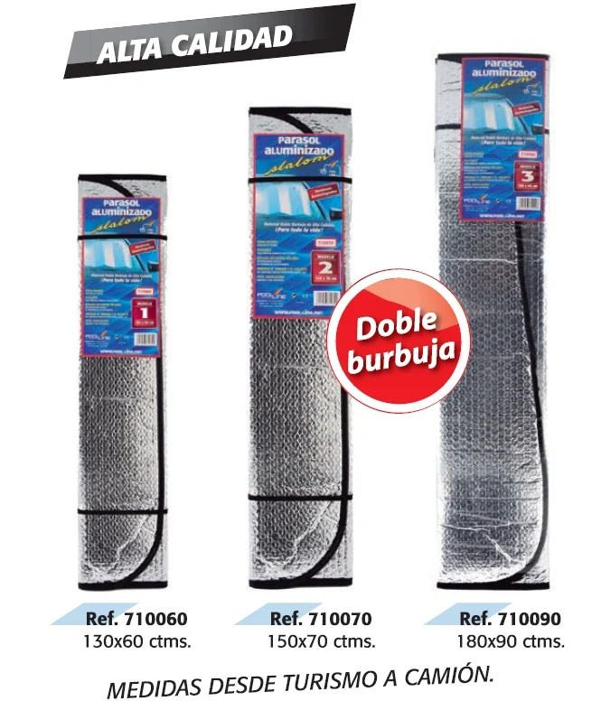 Parasol Aluminizado Slalom Doble Burbuja Med. 150 X 70 Cm. Con Ventosas