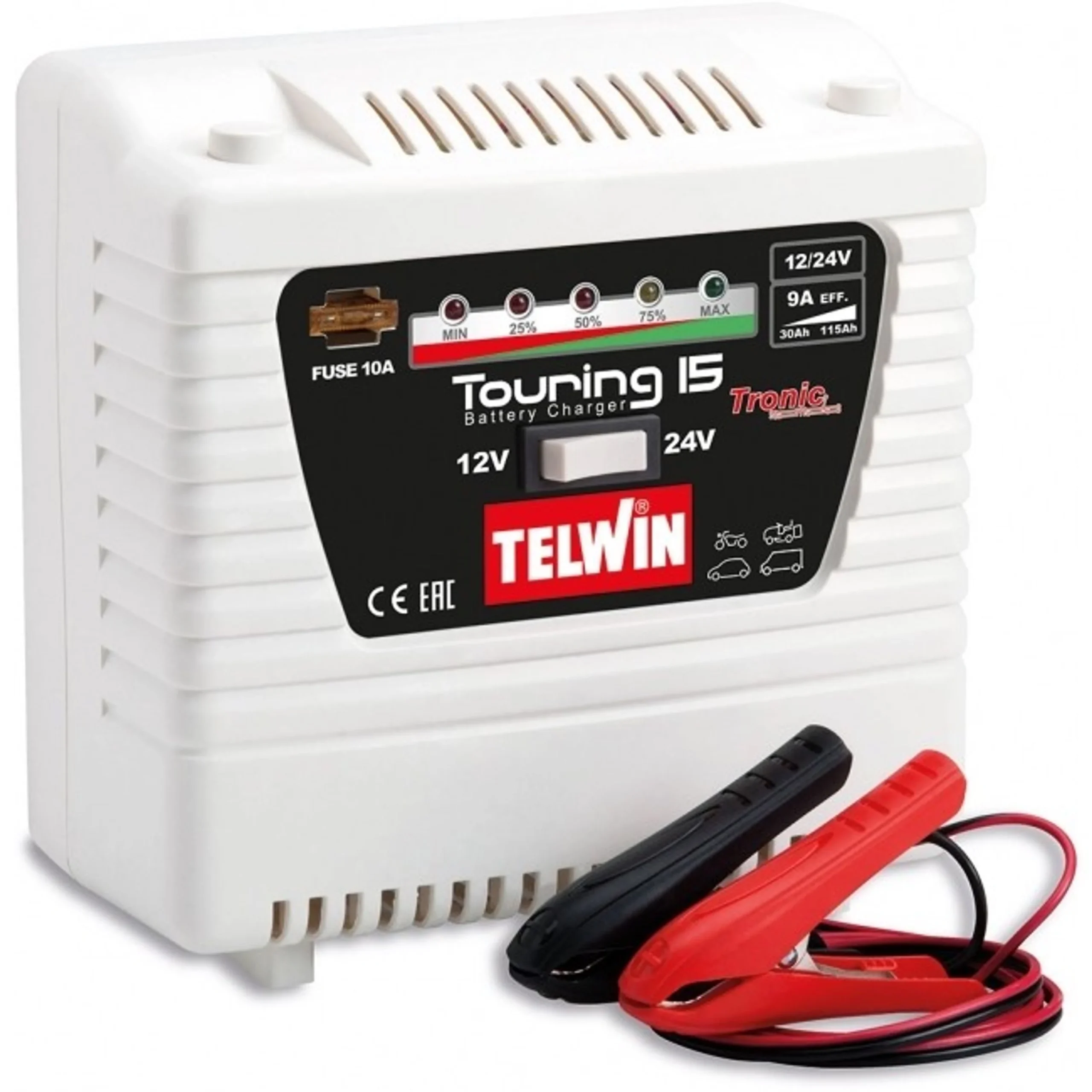 TELWIN TOURING 15 - Cargador de batería eléctrico portátil 12V+24V / 9Amp / 100Watt