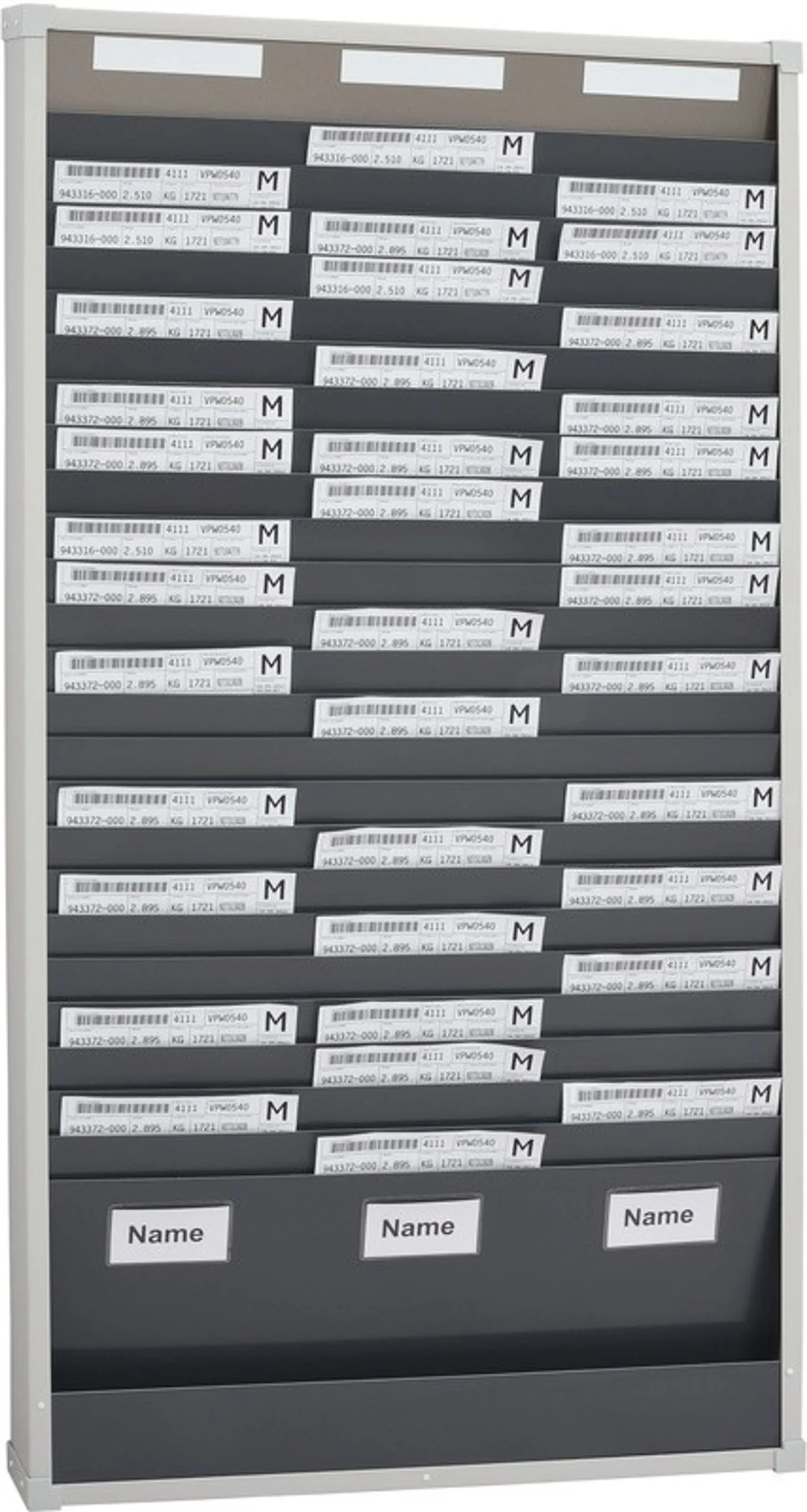 Tablero de planificación de talleres con 3 filas y 25 ranuras